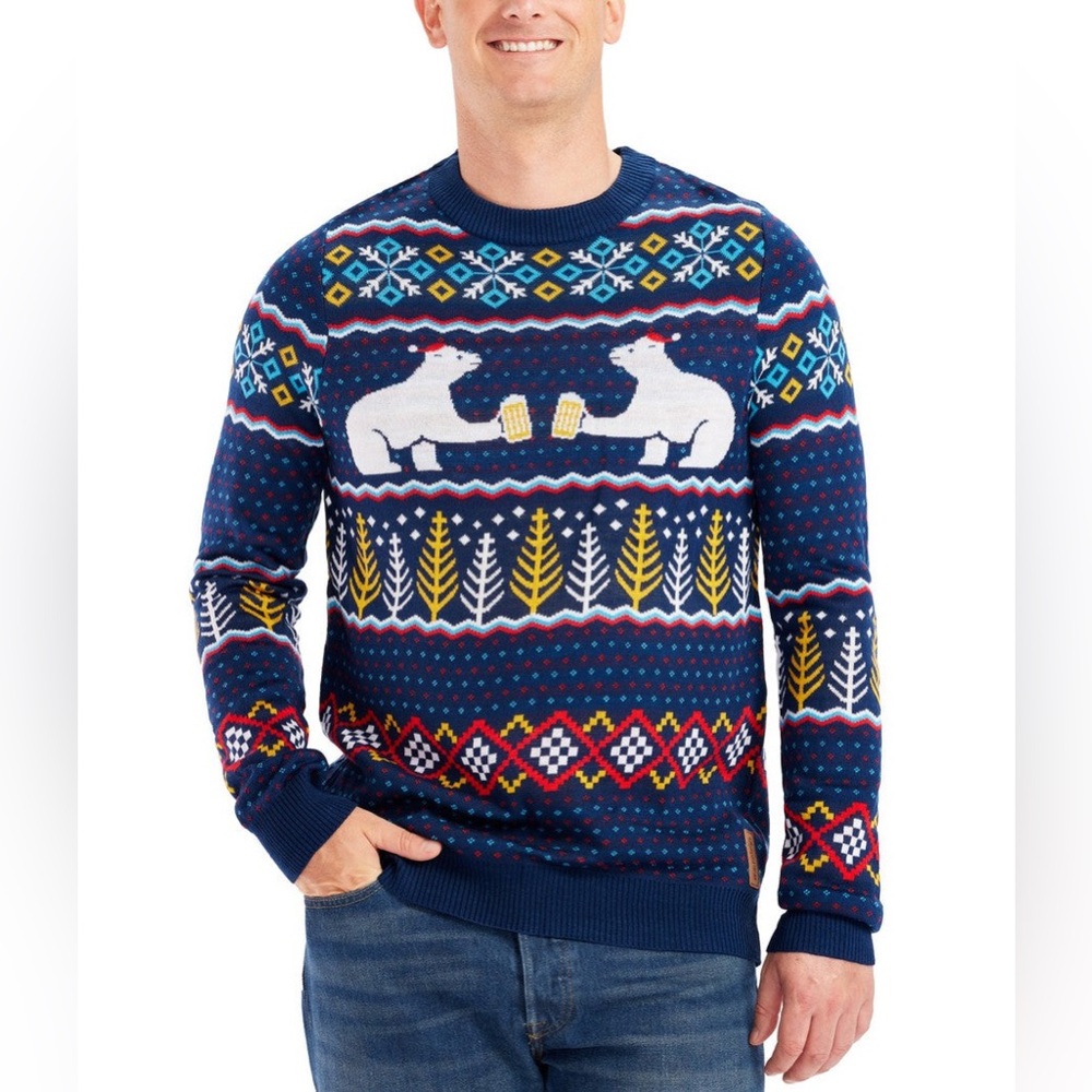 Tipsy Elves Men's Polar Bear Party Ugly Christmas Sweater in navy blue size xl
